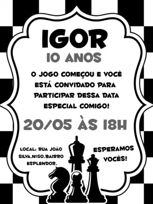 Convite aniversário jogo de xadrez - Edite grátis com nosso editor online