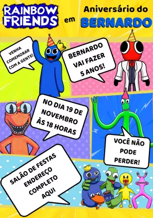 Convite aniversário Rainbow Friends - Edite grátis com nosso editor online