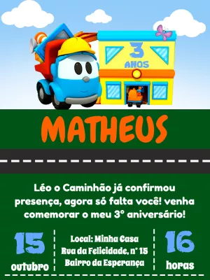 Fazer convite online convite digital aniversário Léo o Caminhão