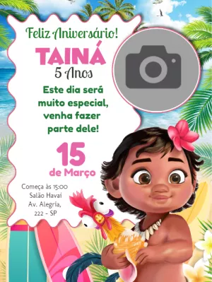 Convite de aniversário Moana Baby com foto