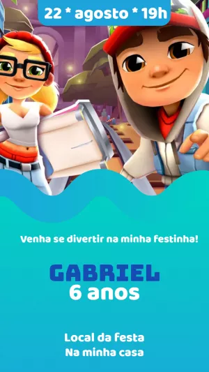 Convite de aniversário Subway Surf para editar, baixe grátis o convite para  preencher no aplicativo no celular ou im…