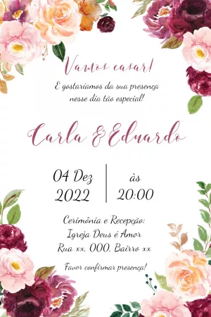 Fazer convite online convite digital casamento noivado marsala vinho bordo  floral