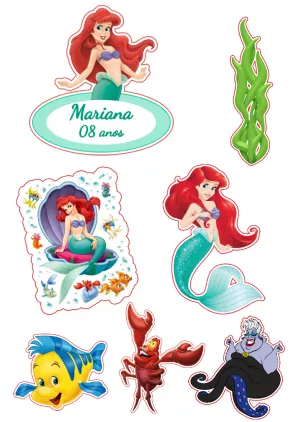 Topper de Bolo Sereia Princesa Ariel Topo Personalizado