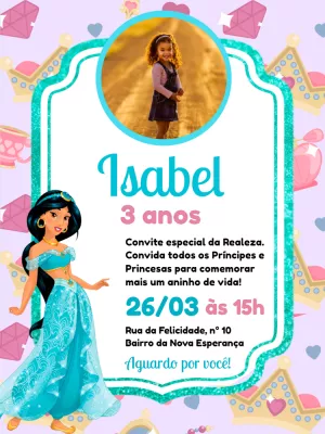 Princess Jasmine birthday invitation with photo