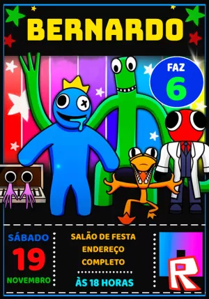 Convite aniversário Rainbow Friends - Edite grátis com nosso editor online