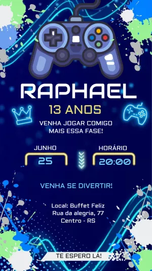 Convite Aniversário gamer azul menino