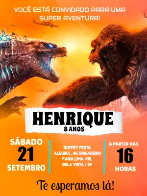 Convite aniversário Godzilla e King Kong