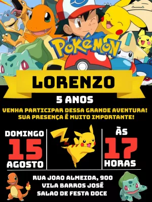 Convite aniversário pokémon menina e menino para editar