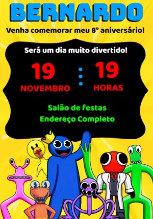 Convite aniversário Rainbow Friends - Edite grátis com nosso editor online