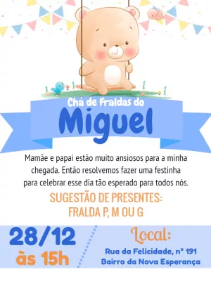 Convite Chá Bebê/ Fraldas - Modelo Theo - Cha de Bebê/ Fraldas