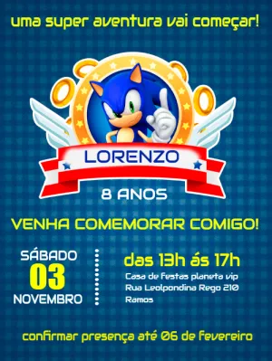 Convite online Festa Sonic grátis para editar