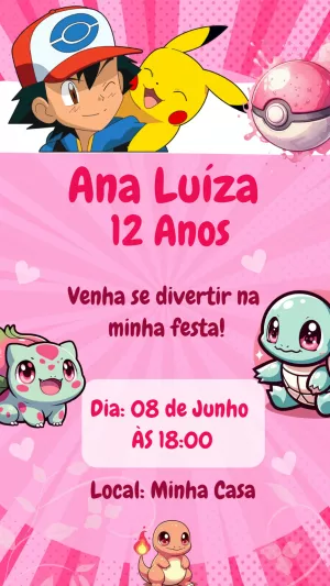 Convite aniversário Pokémon Rosa