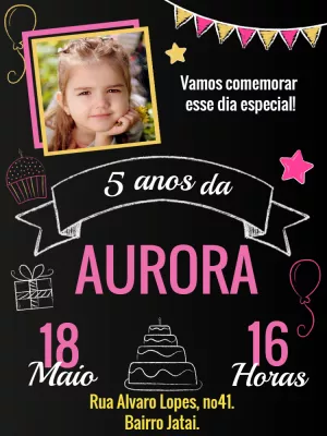 Convite aniversário Quadro Negro Giz com foto