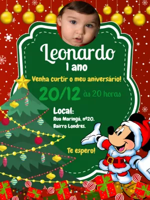 Mickey Mouse Christmas birthday invitation with photo