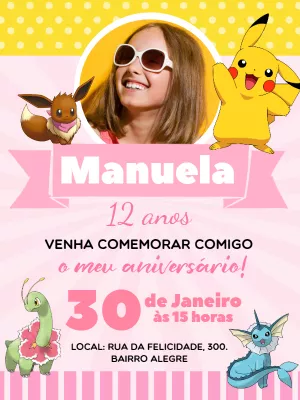 Convite aniversário pokémon rosa com foto