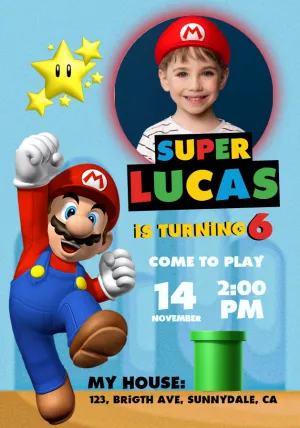 Invitation birthday Super Mario Bros with photo