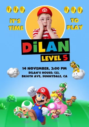 Invitation birthday Super Mario Bros with photo