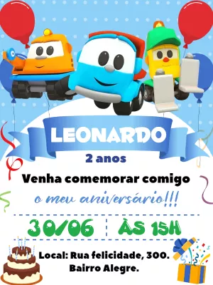 Convite aniversário Léo o Caminhão com foto - Edite grátis com