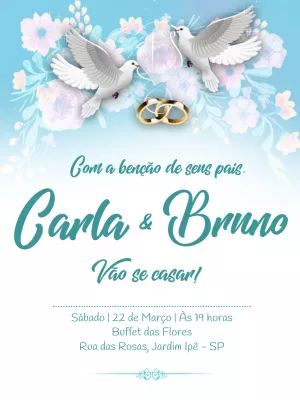 Convite de casamento - casal de pombos com alianças - Edite grátis com  nosso editor online