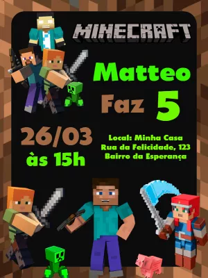 Convite Aniversário Minecraft Edite grátis com nosso editor online