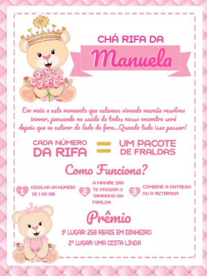 Convite virtual chá de fraldas ursinha princesa pronto para editar e  imprimir grátis png