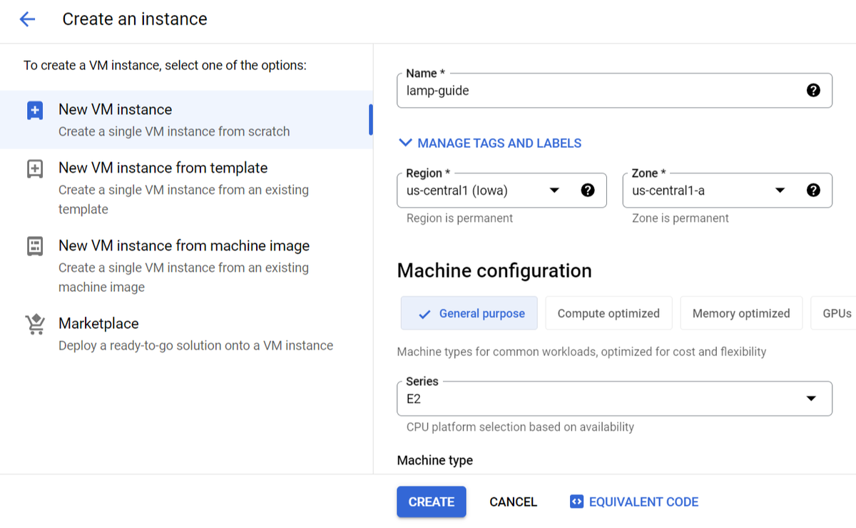 Compute engine virtual machine instance creation screen