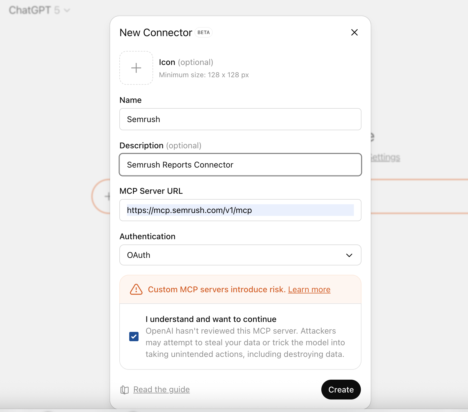 ChatGPT New Connector form