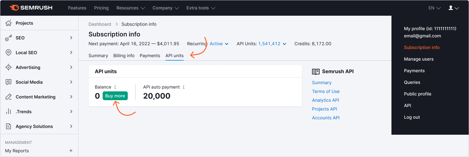 Semrush api sale