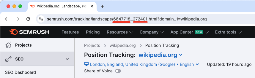 Project and campaign IDs in the address bar