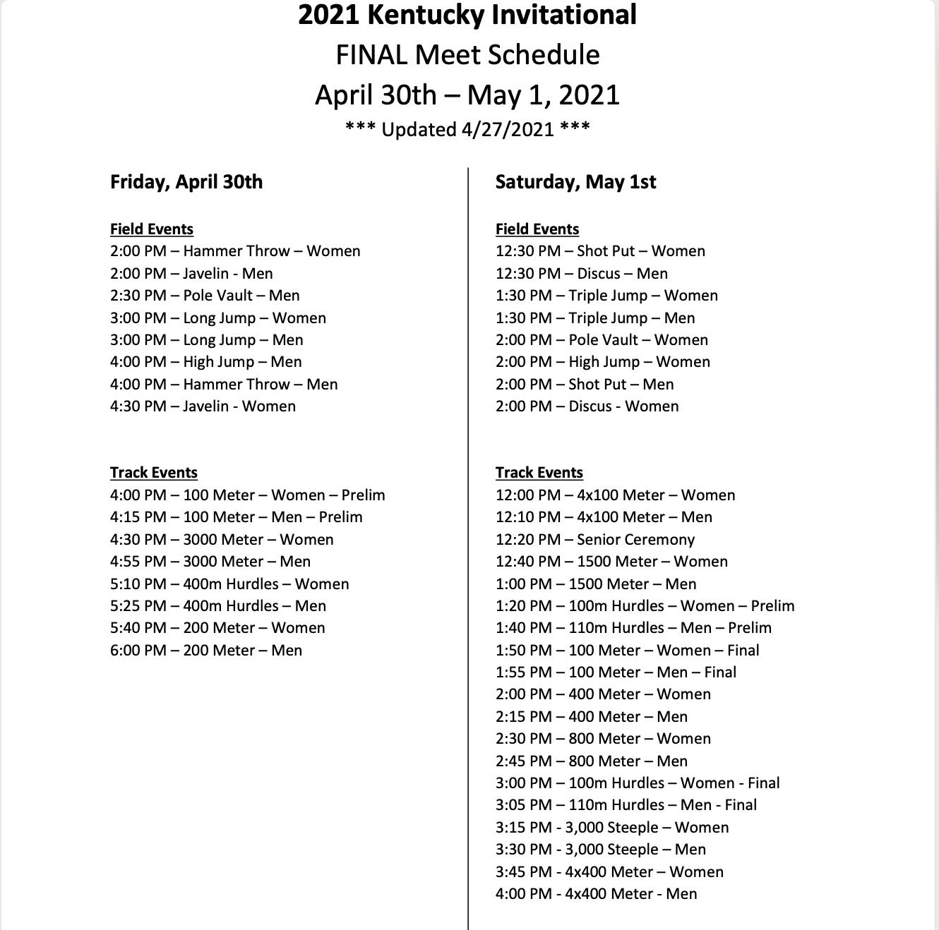 Kentucky Invite Schedule