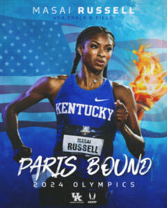 Graphic shows Masai Russell in a Kentucky uniform and shows that she is going to compete at the Paris Olympics