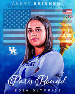 Graphic shows Avery Skinner in a Kentucky uniform and shows that she is going to compete at the Paris Olympics