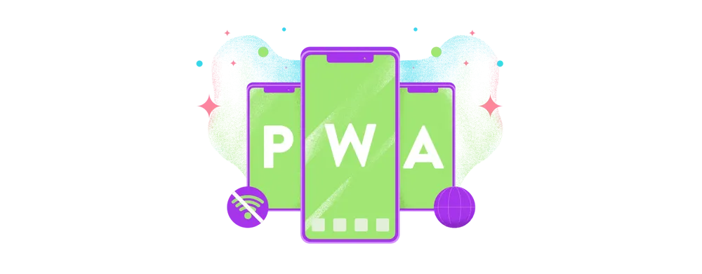 Tres smartphone con las siglas PWA