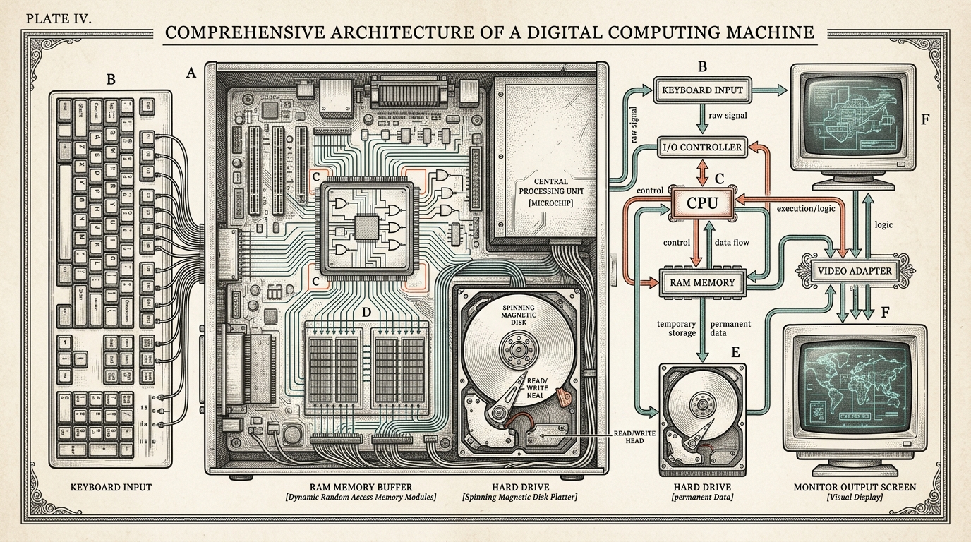 Editorial etching of a learner tracing information through a computer's input, process, output, and storage stages
