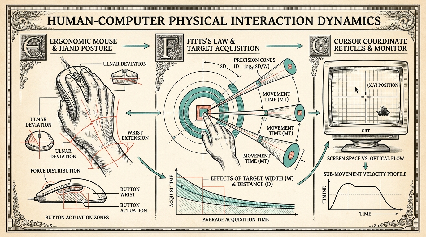 Editorial diagram of a learner aligning eyes, hand, wrist, and pointer target before clicking