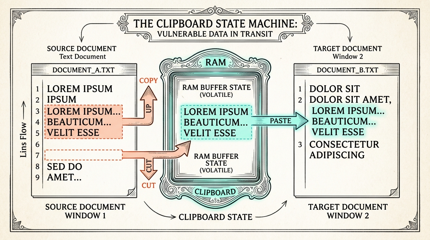 Editorial cutaway of source selection, clipboard state, and destination focus connected by a visible path