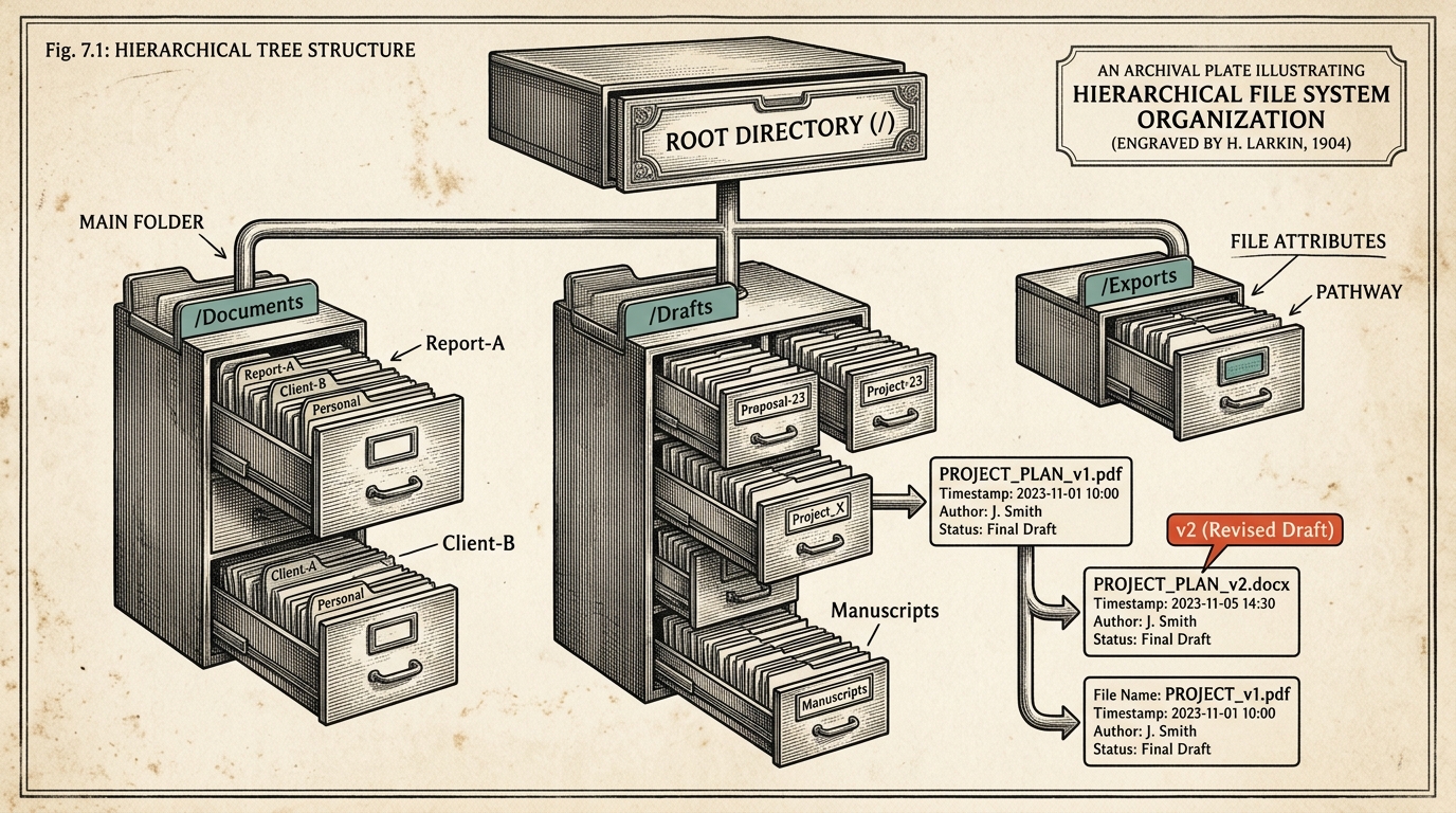 Editorial map of a document window connected to working memory, a file path, and durable storage