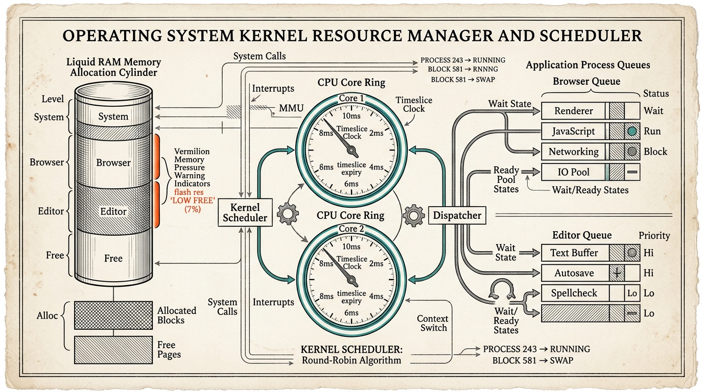 Editorial layered cutaway of person, application, operating system, hardware, and stored data