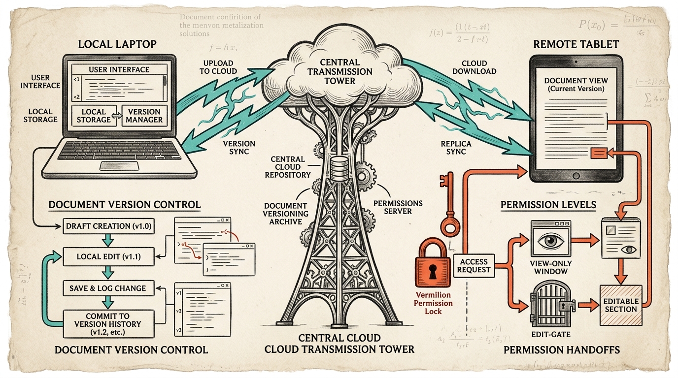Editorial etching of a document moving from intention through drafting, structure, storage, sharing, and verification