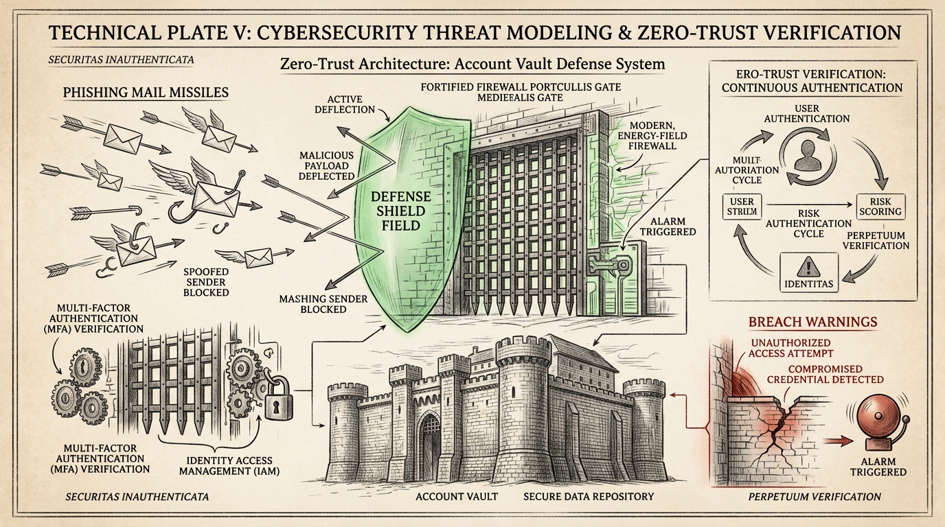 Editorial etching of a learner inspecting a message through a shield-shaped threat model