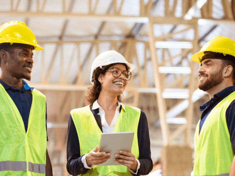 three people with construction equipment