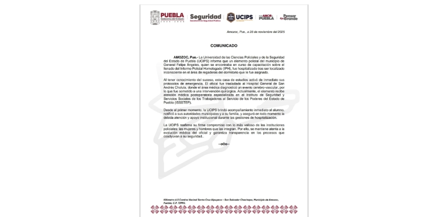 Policía sufre evento cerebrovascular durante capacitación en la UCIPS