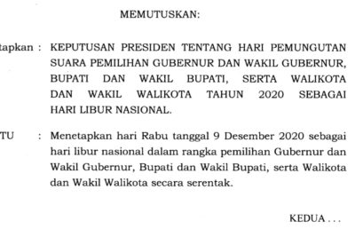 KEPRES Nomor 22 tahun 2020 Tentang Hari Pemungutan Suara Sebagai Hari Libur Nasional