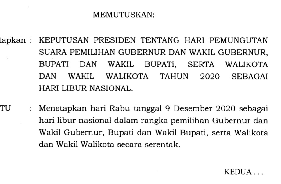 KEPRES Nomor 22 tahun 2020 Tentang Hari Pemungutan Suara Sebagai Hari Libur Nasional