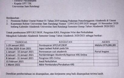 Pemberitahuan pembayaran SPP/UKT/BOP, Pengisian KRS, Pengisian Nilai dan Perkuliahan Semester Genap Tahun Akademik 2020/2021