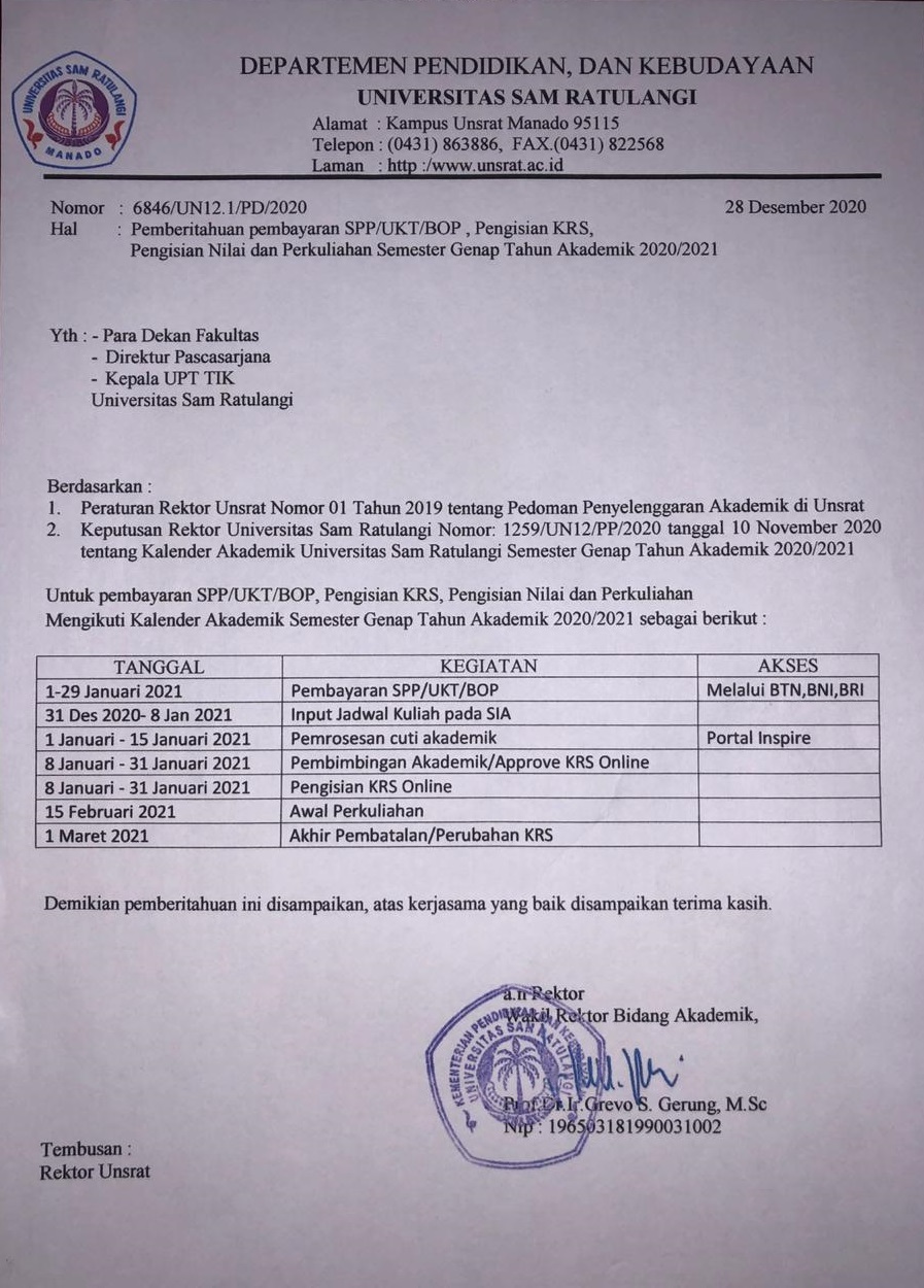 Pemberitahuan pembayaran SPP/UKT/BOP, Pengisian KRS, Pengisian Nilai dan Perkuliahan Semester Genap Tahun Akademik 2020/2021