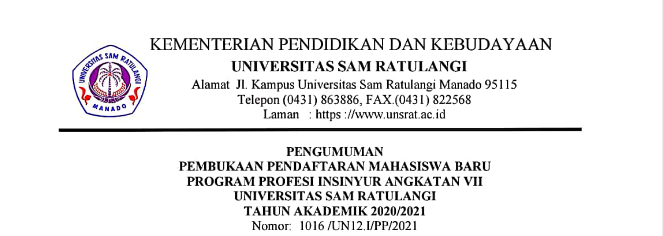 Pendaftaran Mahasiswa Baru Program Profesi Insinyur Angkatan VII Universitas Sam Ratulangi Tahun Akademik 2020/2021