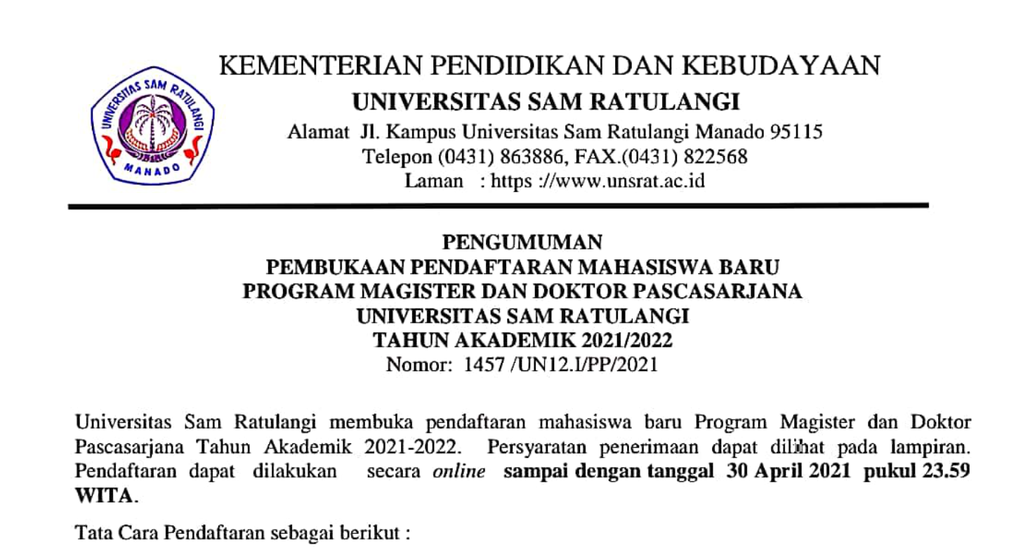 Pengumuman Pembukaan Pendaftaran Mahasiswa Baru Program Magister dan Doktor Pascasarjana TA 2021/2022