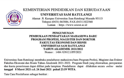 Pengumuman Pembukaan Pendaftaran Mahasiswa Baru Program Profesi, Magister dan Doktor Fakultas Ekonomi dan Bisnis Tahun Akademik 2021/2022