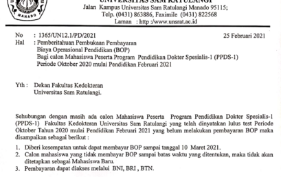 Pemberitahuan pembukaan pembayaran biaya operasional pendidikan (BOP) bagi calon mahasiswa peserta program Pendidikan Dokter Spesialis-1 (PPDS-1) Periode Oktober 2020 mulai pendidikan Februari 2021